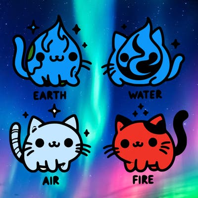 4 cats that represent the different elements, earth, water, air, and fire