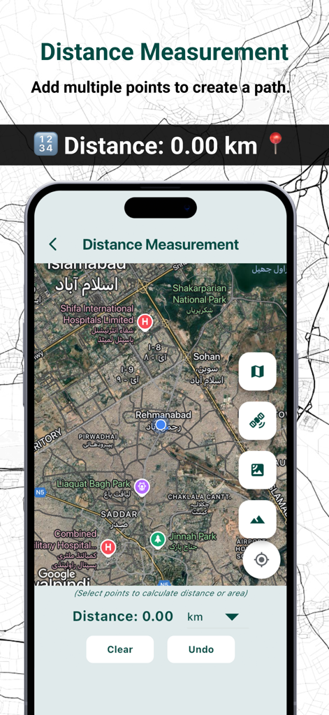 Live GPS Land Area Calculator - Interfaz de medición de distancia GPS en un mapa satelital