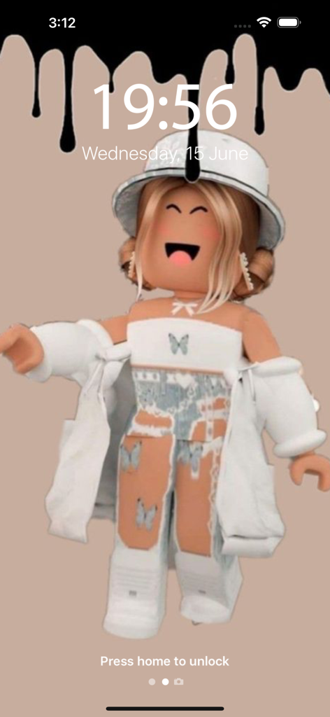 ROBLOX Wallpapers - iPhone lock screen featuring a smiling Roblox girl avatar in a white butterfly-themed outfit with black dripping paint accents.