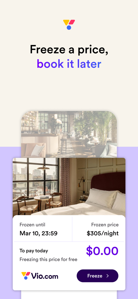 Vio.com: Hotels & travel deals - Interfaccia dell'app Vio che mostra l'opzione per bloccare gratuitamente il prezzo di un hotel e prenotare in seguito