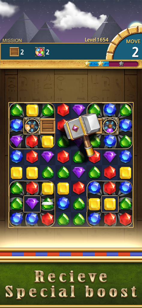Jewels Pharaoh - Jugabilidad de Jewels Pharaoh mostrando un tablero de puzzle Match-3 con tema egipcio y potenciador de martillo