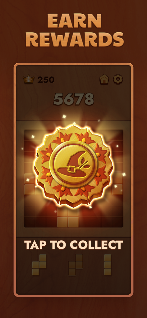 Woodoku - Wood Block Puzzles - Schermata di ricompensa del gioco Woodoku con un distintivo dorato e un pulsante 'tocca per riscuotere'