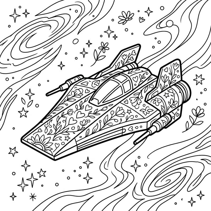 Celebrate Mother's Day with an out-of-this-world coloring experience! This unique design features a starfighter intricately adorned with beautiful floral patterns, soaring through a cosmic landscape of stars and nebulae.