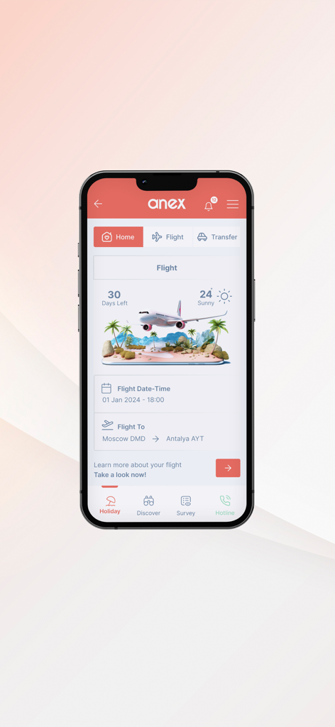 Anex Tour - A smartphone displaying the Anex Tour MyTravel app interface with flight details and a departure countdown.