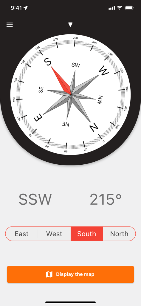NSEW Compass - Interface do aplicativo Bússola NSEW mostrando um mostrador de bússola clássico apontando para Sudoeste-Sudoeste a 215 graus