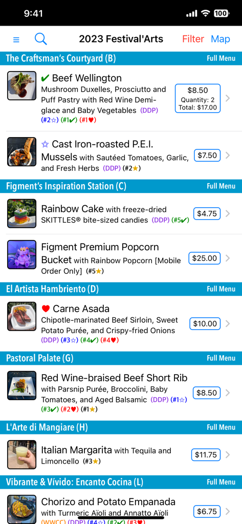 Captura de pantalla del menú de la aplicación WDW Food and Wine que muestra platos, precios y seguimiento para los festivales de Epcot.