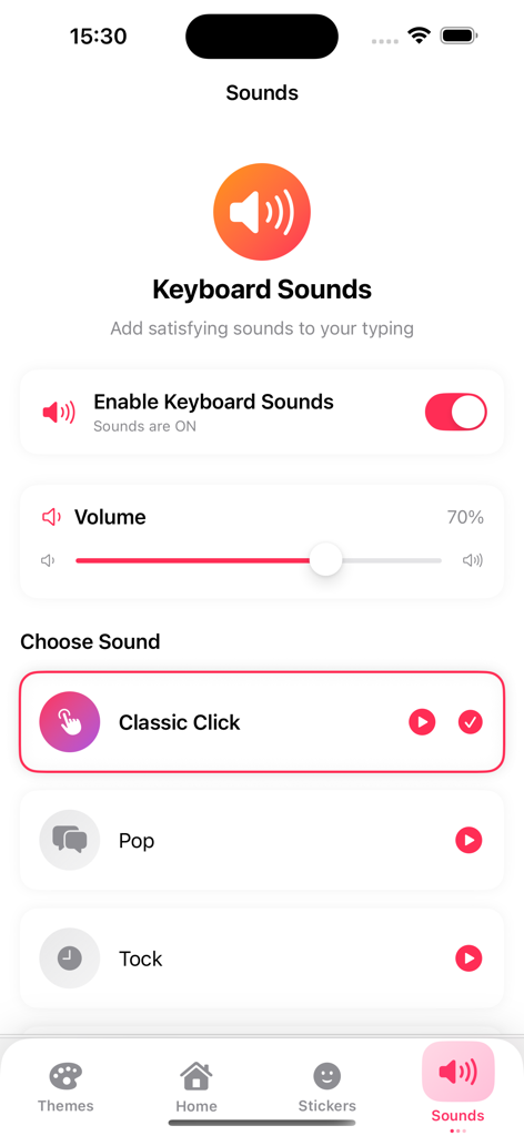 Katseye Kpop keyboard- Sticker - Settings screen for choosing keyboard sounds in the Katseye Kpop keyboard app