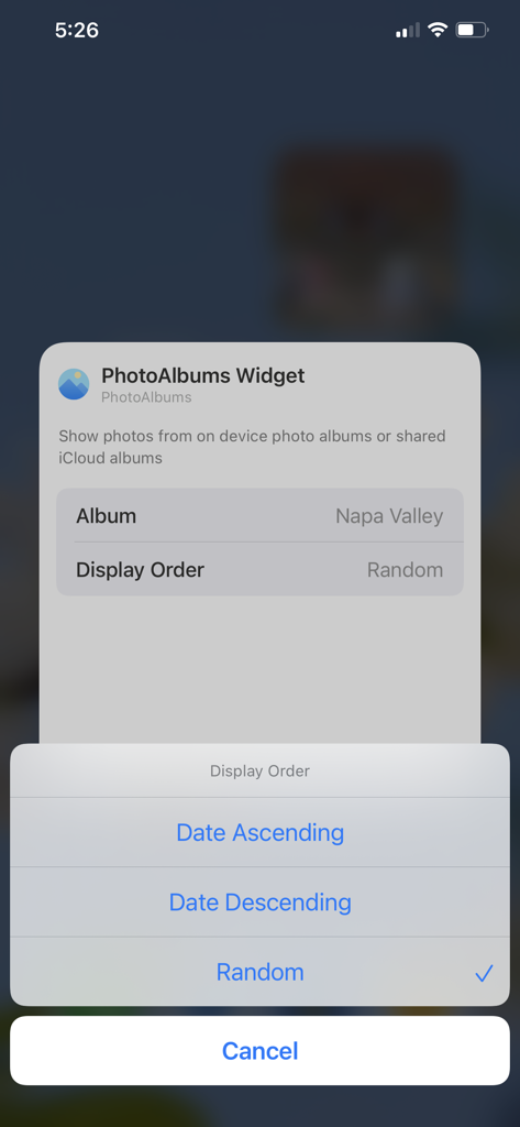Photo Albums and Widget - Configuration screen for a photo widget showing display order options including random and date based sorting.