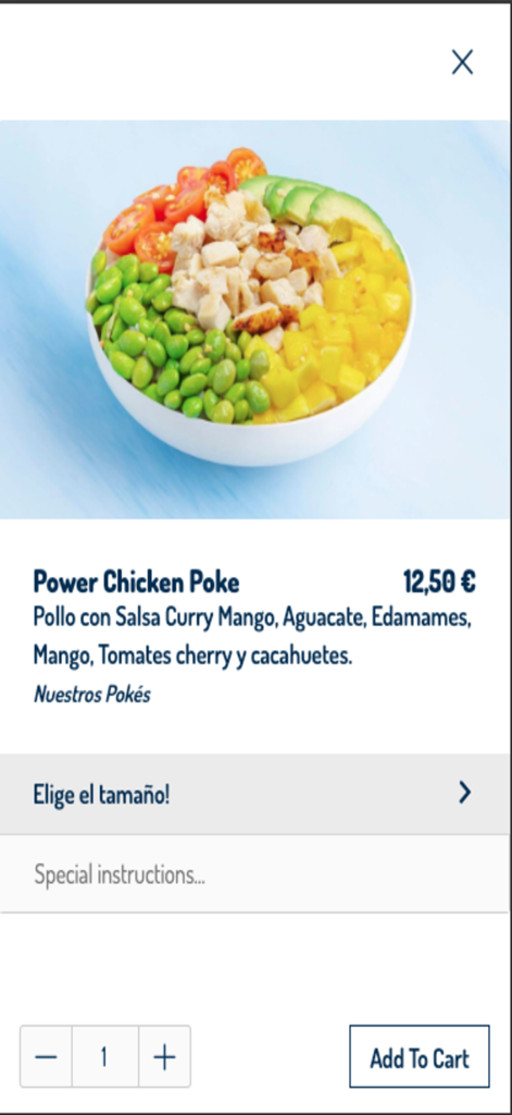 Interfaz de la aplicación móvil Aloha Poke que muestra un bol Power Chicken con edamame fresco, aguacate y mango