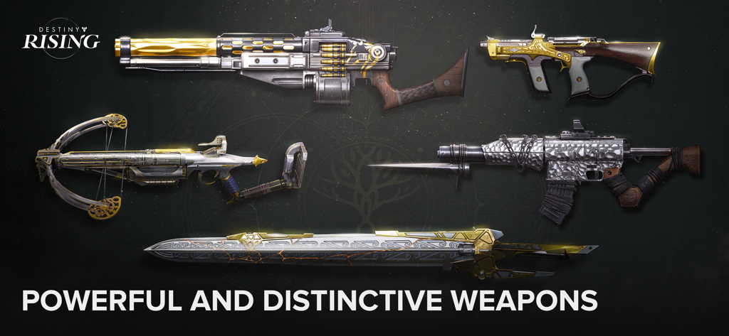 Une vitrine d'armes de science-fiction puissantes et distinctives, y compris une épée et diverses armes à feu dans Destiny Rising