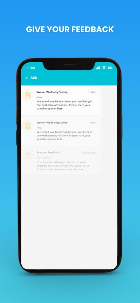 WOVO - Mobile application interface showing worker wellbeing surveys and feedback requests