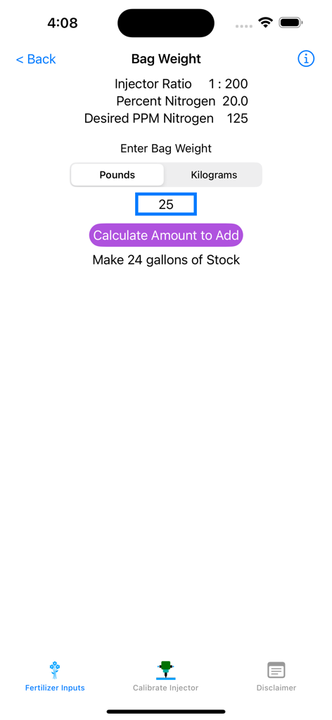 Greenhouse Fertilizer - Mobile app screen for calculating fertilizer bag weight for stock solutions in a greenhouse