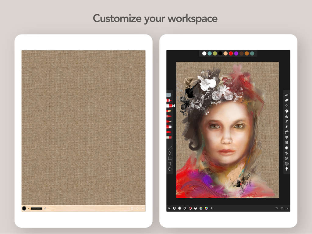 Art Set 4 - Two iPads demonstrating the customizable workspace of Art Set 4 with minimalist and advanced UI options.