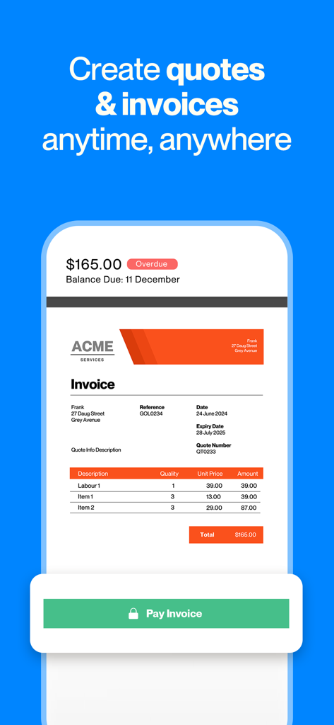 Tradify - Quote & Invoice Tool - Tradify mobile App-Bildschirm mit einer professionellen digitalen Rechnung und einer Schaltfläche „Rechnung bezahlen“.
