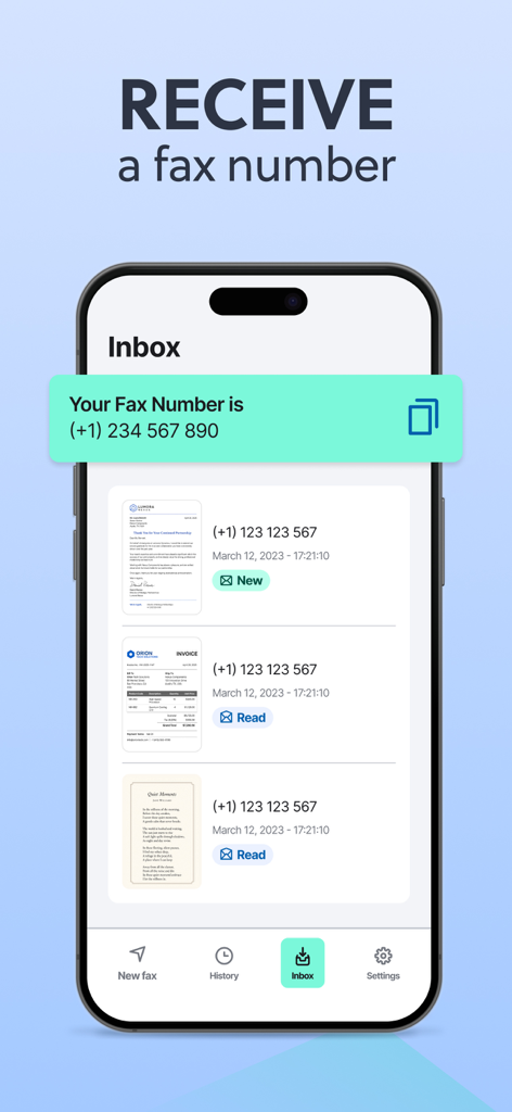 App interface showing a dedicated fax number and an inbox for received faxes
