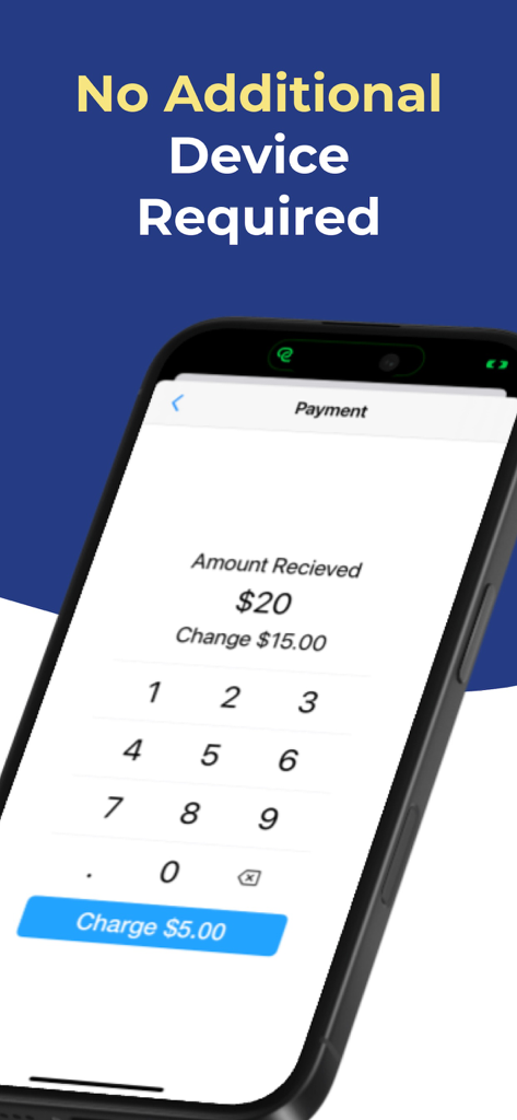 POS Simple- Tap to Pay Receipt - iPhone displaying the POS Simple app payment interface with a numeric keypad and the text No Additional Device Required