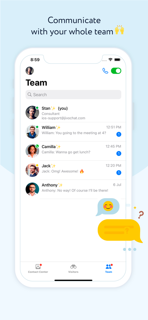 Internal team chat interface in JivoChat app showing employee list and messages