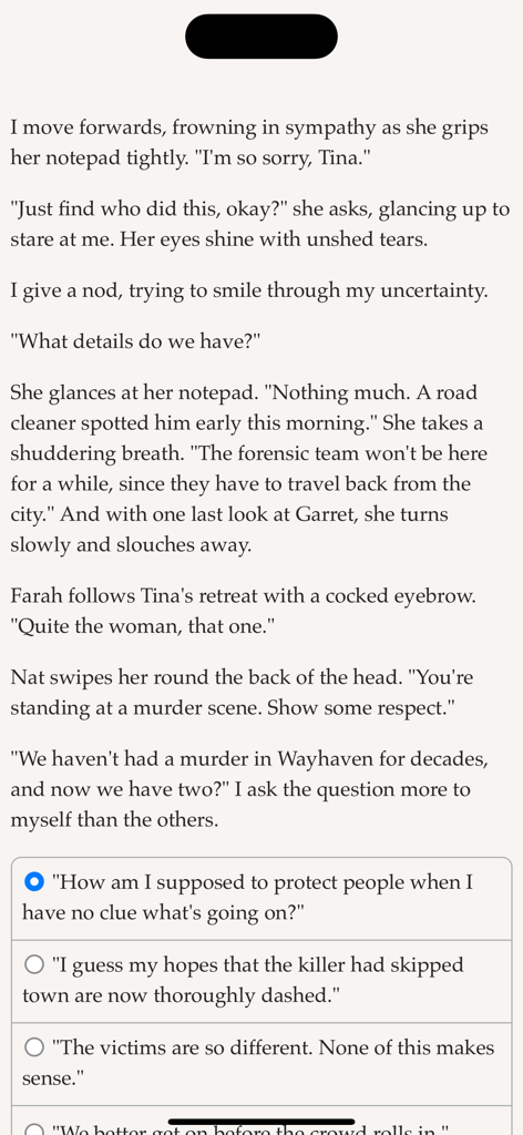 A text-based scene from Wayhaven Chronicles Book One showing a detective story with multiple dialogue choices for the player.