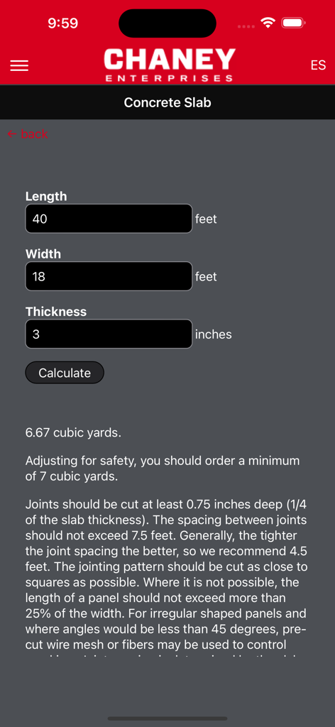 Concrete and Agg Calculator - Screenshot der Beton- und Zuschlagstoffrechner-App, der den Betonplattenrechner mit Eingaben für Länge, Breite und Dicke sowie einer empfohlenen Bestellmenge in Kubikmetern zeigt.