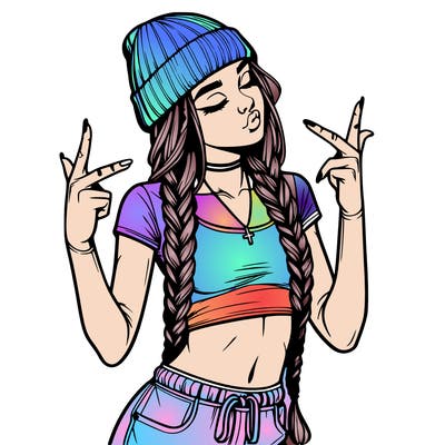 realistic teenage girl with braids and a beanie and crop top doing 🫶🏼