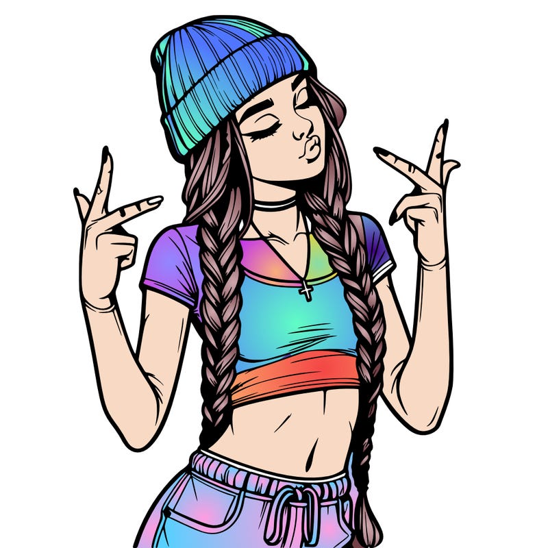 realistic teenage girl with braids and a beanie and crop top doing 🫶🏼
