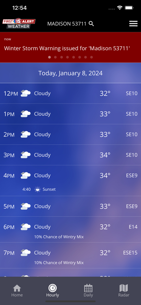 WMTV15 First Alert Weather app screen showing the hourly forecast for Madison with a winter storm warning alert.