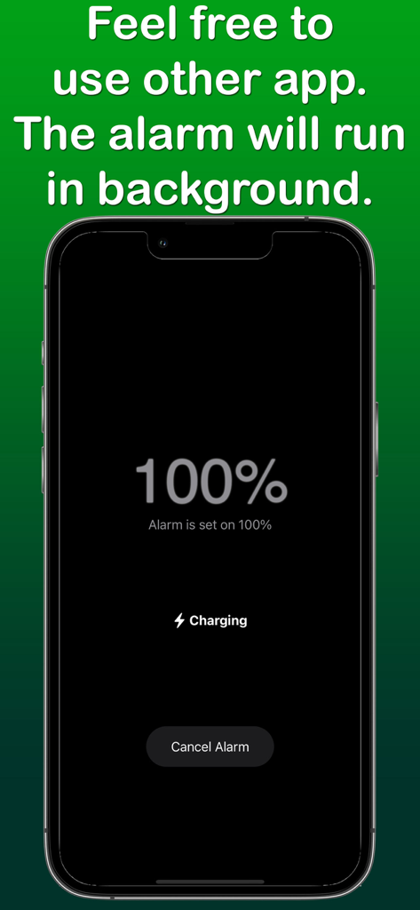 Battery Alarm - Charge Alert - Battery alarm app showing a 100 percent charge alert on a smartphone screen.