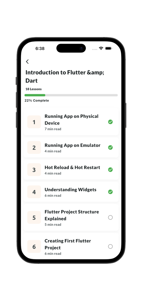 Módulo del curso Introducción a Flutter y Dart mostrando lecciones completadas y próximas.