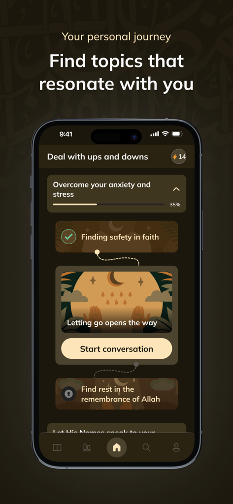 Niyyah | MuslimGPT Companion - Niyyah app interface showing a personalized spiritual growth journey with progress tracking for anxiety and stress.