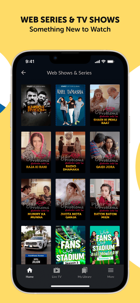 Tamasha: Live TV, Movie, Drama - Una raccolta di serie web e programmi TV pakistani visualizzati sullo schermo dell'app Tamasha