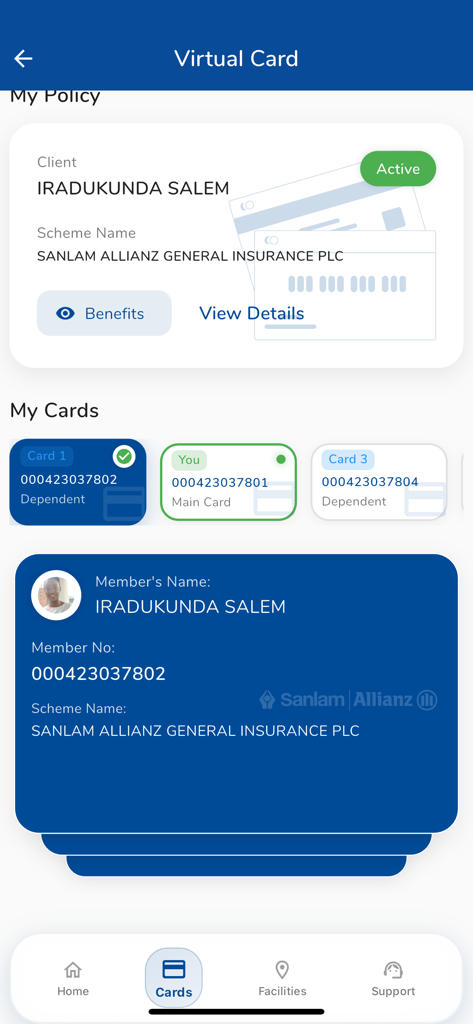 E-VUZE - Interface of the E-VUZE app displaying virtual medical insurance cards for a member and their dependents.