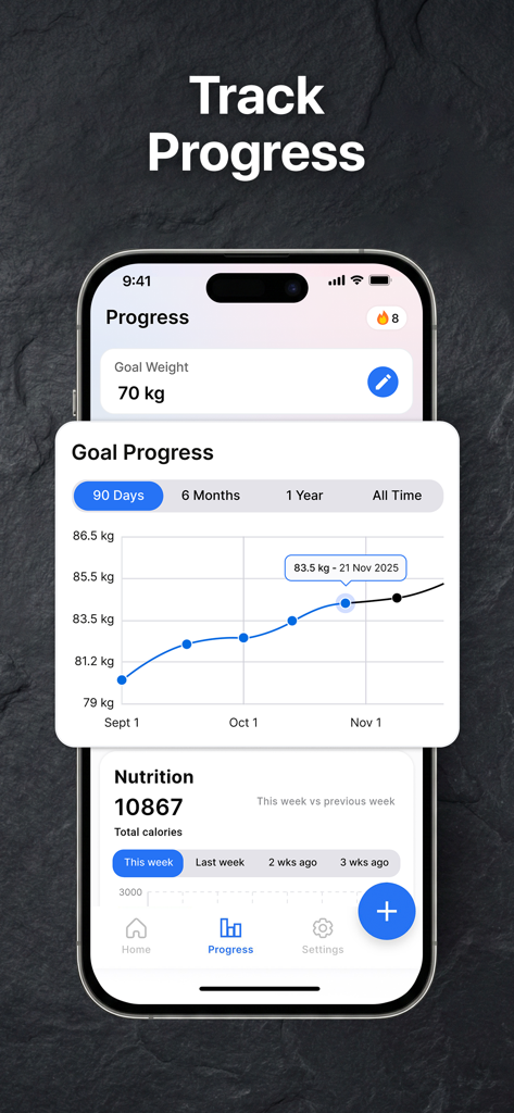 AI Calorie Counter - Scan Food - Tela do aplicativo móvel mostrando um gráfico de progresso de meta de peso e um resumo de ingestão calórica semanal.