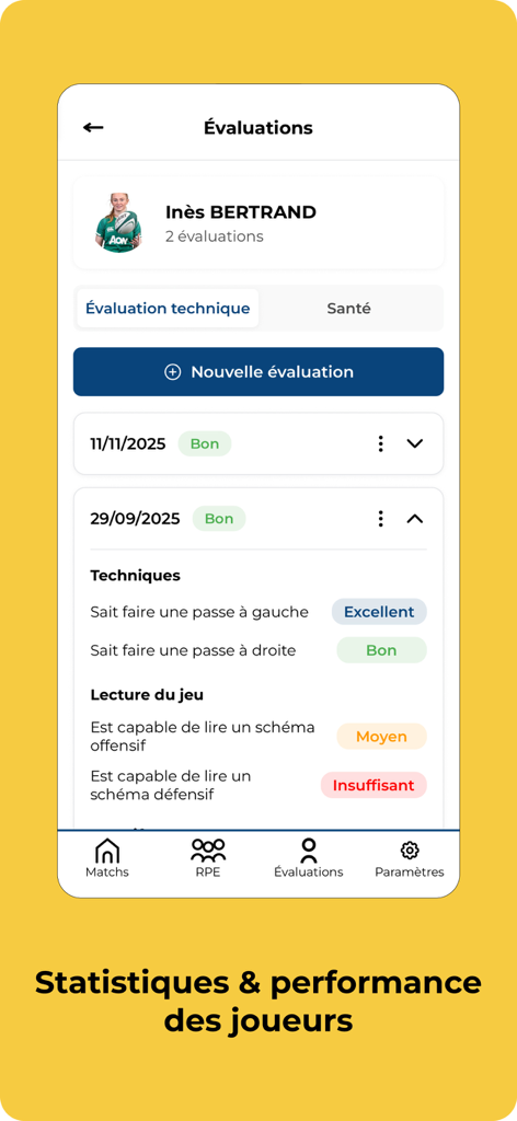 Easy Comp mobile app interface showing player technical evaluations and performance statistics