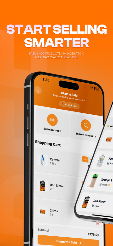 Tela de smartphone exibindo o aplicativo POS da REE Services com um carrinho de compras e opções de checkout