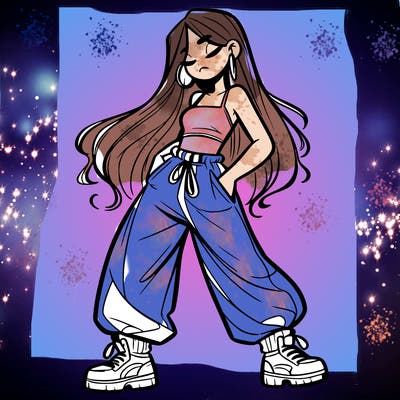 girl in baggy pants crop top and long hair