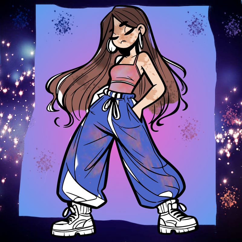 girl in baggy pants crop top and long hair