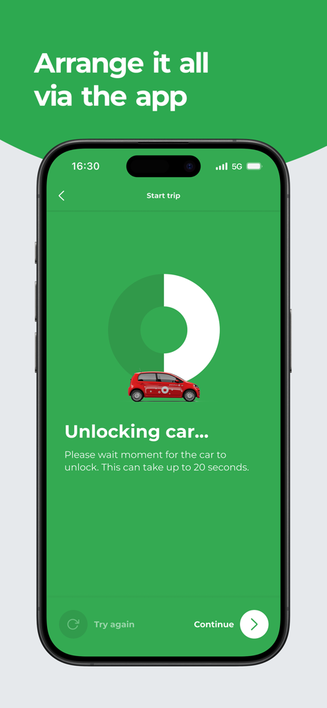 Greenwheels - Car sharing - Greenwheels app interface showing a car being unlocked remotely