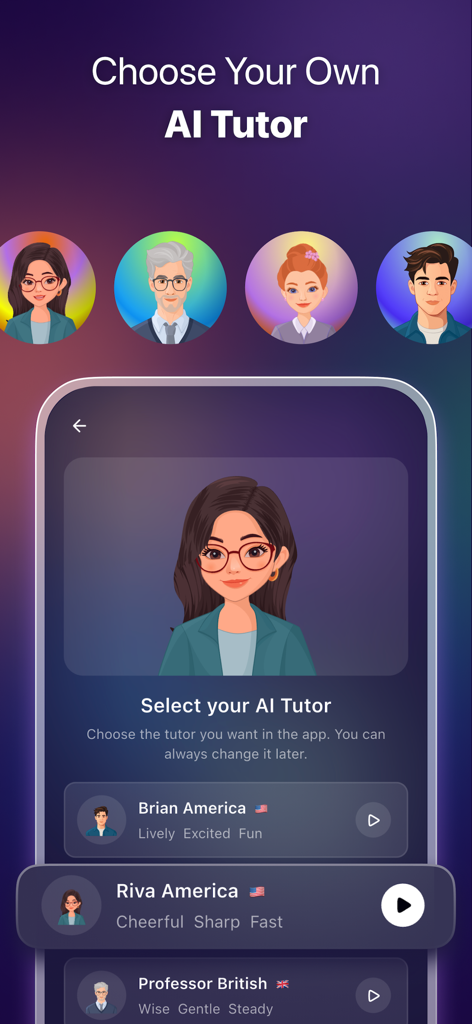 User interface in the ELSA Speak app for selecting a personalized AI English tutor based on accent and personality