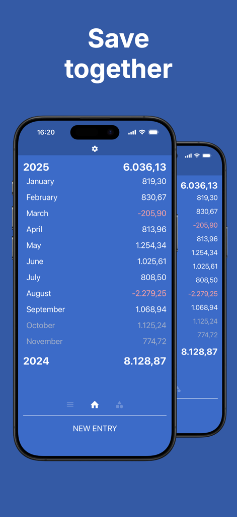 Expense + Spending Tracker - Monthly expense summary screen showing yearly totals and shared savings feature on iPhone
