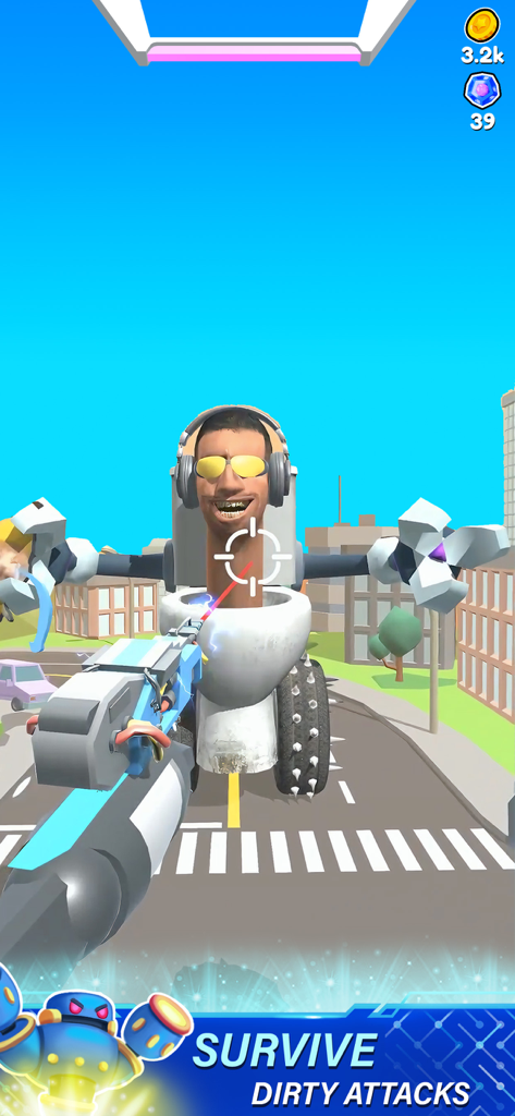 Vista en primera persona de un robot apuntando un láser a un enemigo gigante con cabeza de inodoro humano en un entorno urbano.