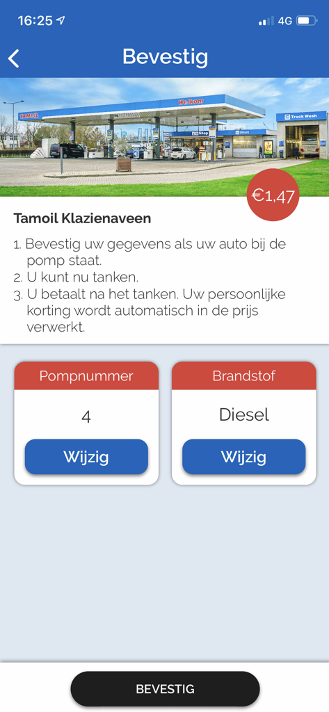 Pantalla de la aplicación móvil Tamoil para seleccionar el número de surtidor y el tipo de combustible en una gasolinera