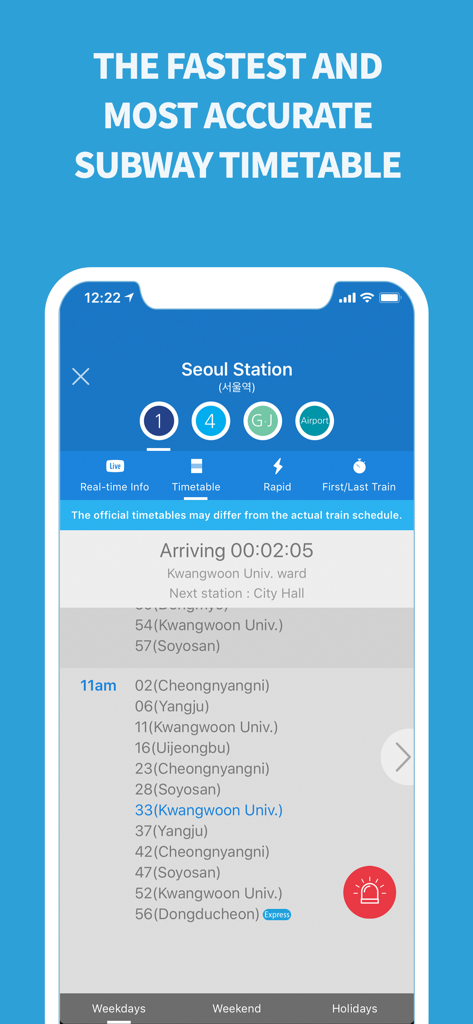 Seoul Station subway timetable interface in the Subway Korea app