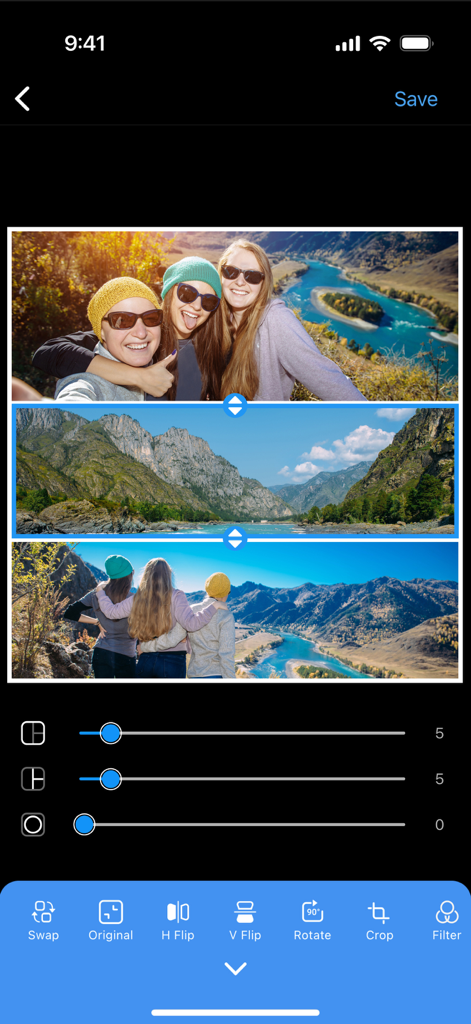 Layout for Instagram: Collage - Mobile app interface showing a vertical three-photo collage of people in nature with various photo editing tools and adjustment sliders below