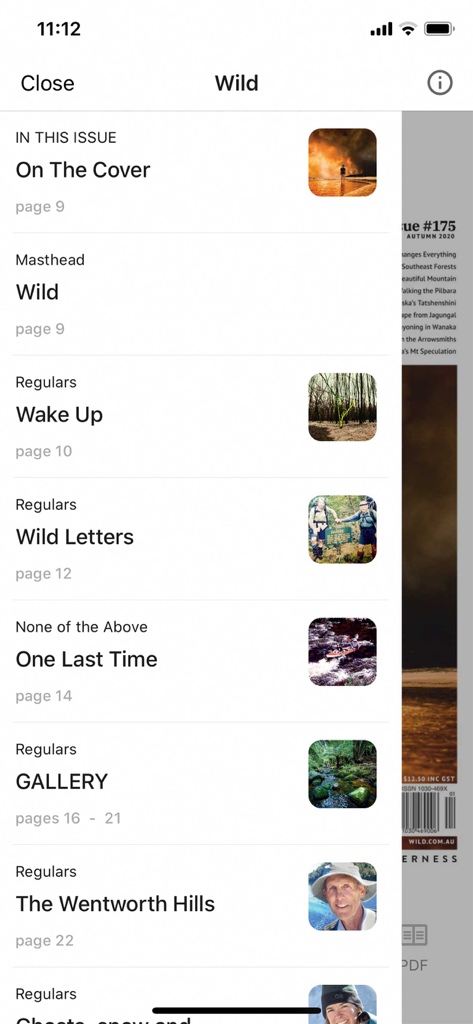 Table of contents screen in the Wild magazine app listing adventure articles and page numbers