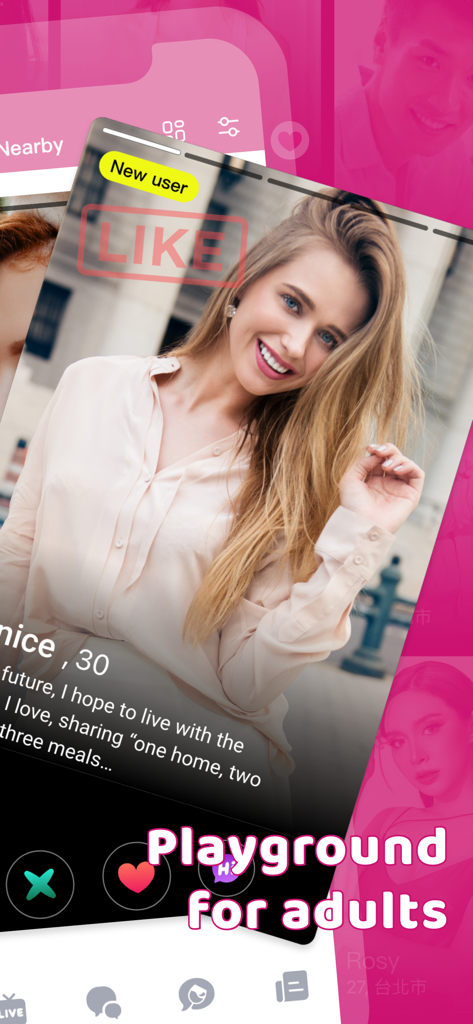iPair - Chat, Meet New People - User profile interface on the iPair dating app showing a woman profile and Like button.