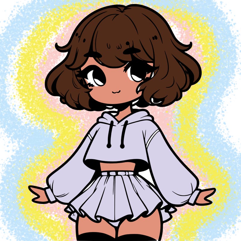 cute femboy with short, fluffy hair that softly frames their face, wearing a cropped hoodie, paired with a flouncy short skirt, and thigh-high stockings