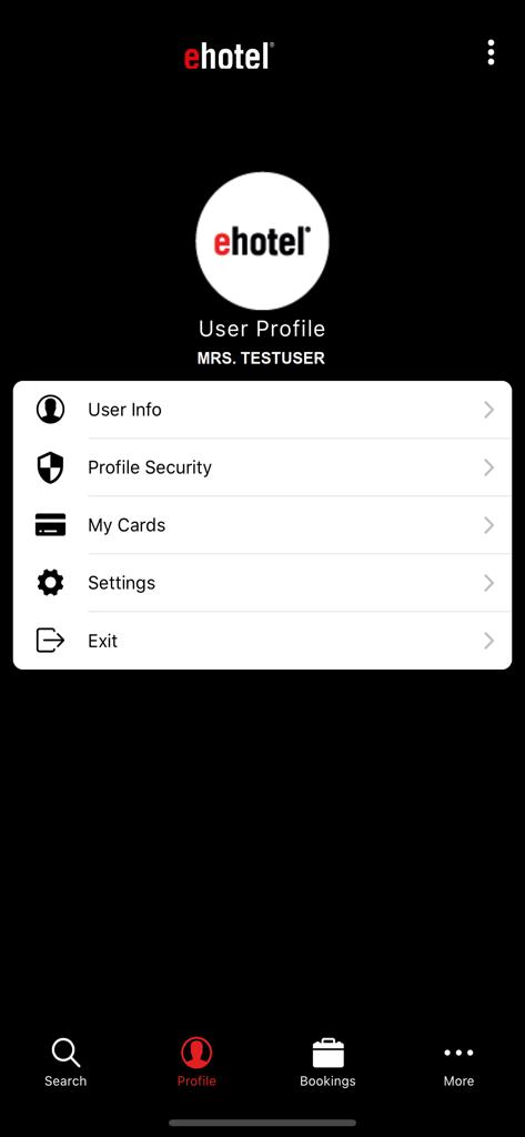 ehotel® hotel booking platform - User profile dashboard of the ehotel app featuring account information and security settings.