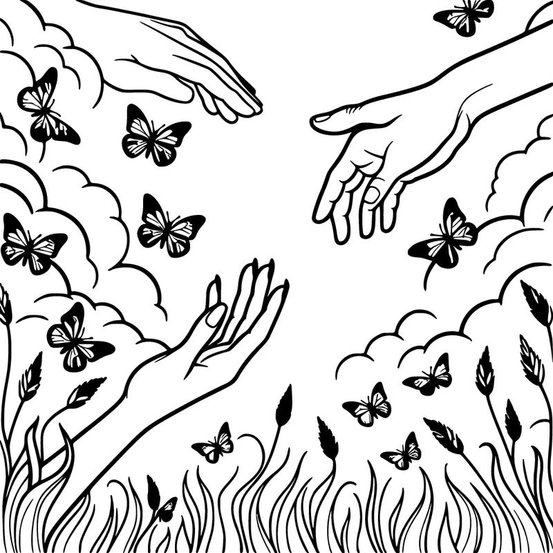 one hand reaching from the sky and one handing reaching from the ground towards each other and butterflies flying all around them