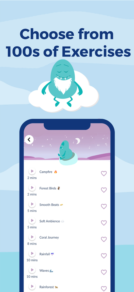 Rootd app interface showing a menu of calming audio exercises for anxiety relief