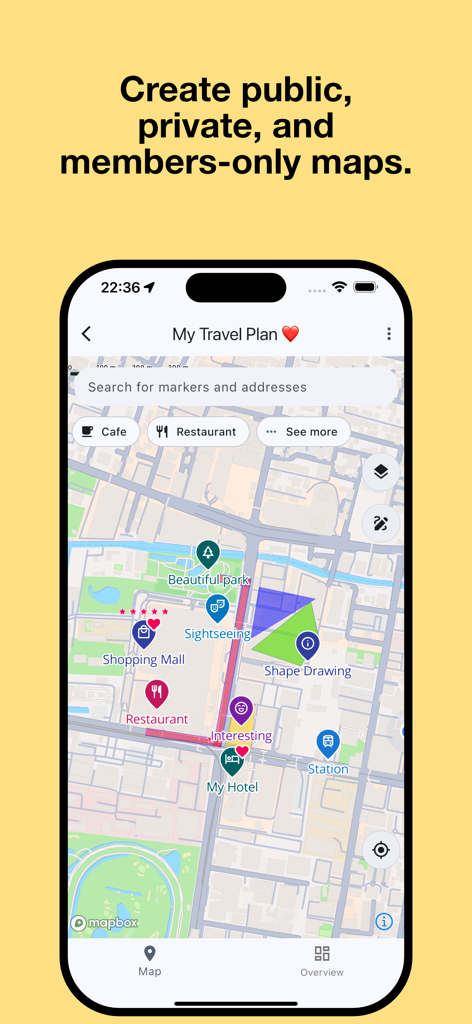 Open Maps: Create & Share - 도시 지도에 맞춤 마커와 도형이 표시된 개인 맞춤 여행 계획을 보여주는 Open Maps의 모바일 인터페이스.